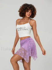 Floral Lace Asymmetric Mini Skirt PURPLE / S