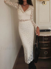 Floral Lace Long Trendy Sleeve Plunge Midi Dress Dresses