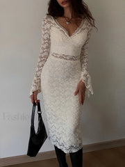 Floral Lace Long Trendy Sleeve Plunge Midi Dress Off White / XS Dresses