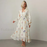 Floral Lantern Sleeve Boho Dress White / S