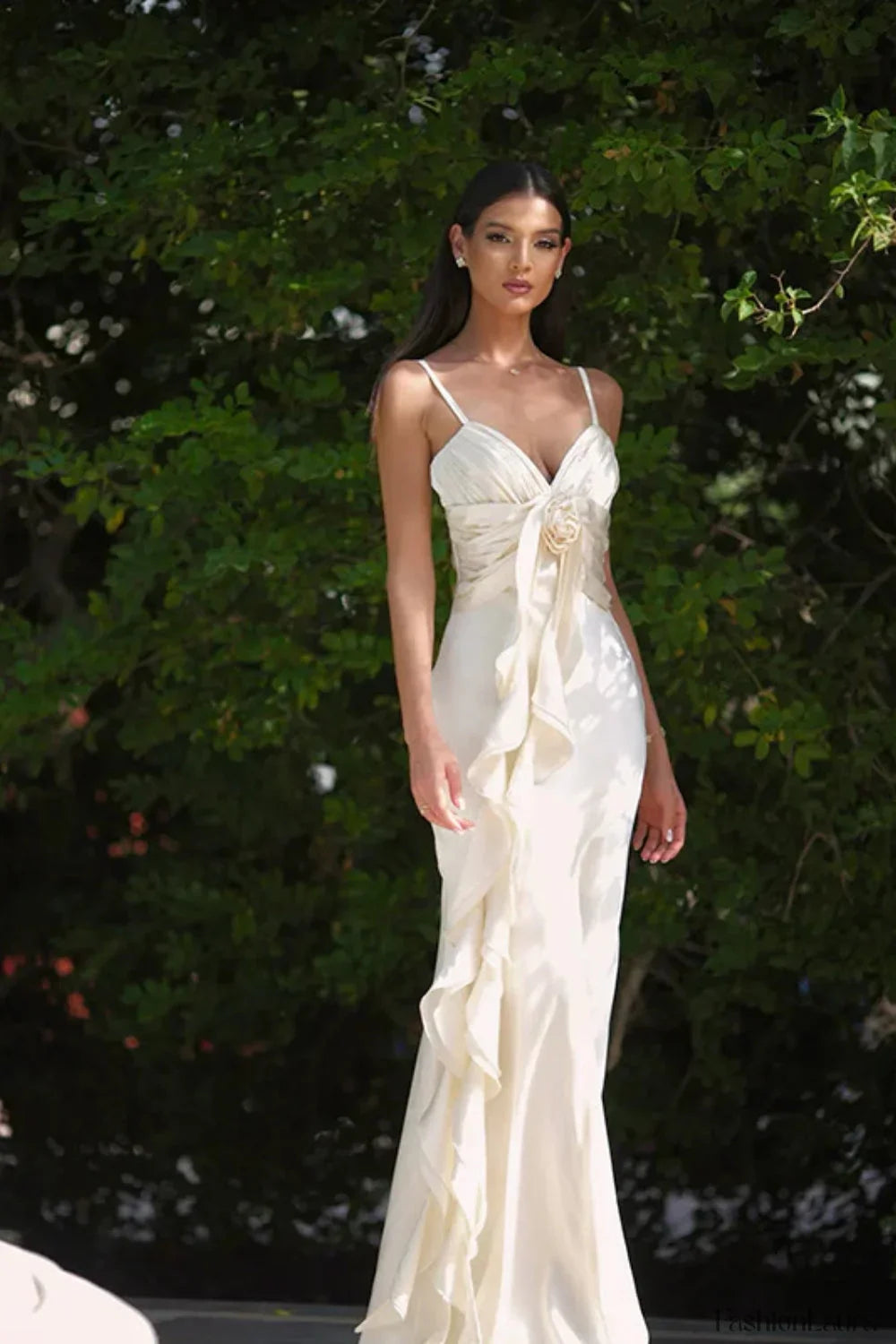 Floral Ribbon Satin Slim Fit Strappy Maxi Dress