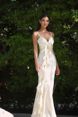 Floral Ribbon Satin Slim Fit Strappy Maxi Dress