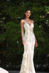 Floral Ribbon Satin Slim Fit Strappy Maxi Dress