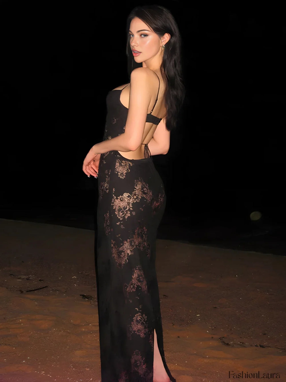 Floral Semi Sheer Graceful Cami Long Dress Black / XS Dresses