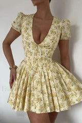 Floral V Neck Slim Fit Puff Sleeve French Retro Floral Dress