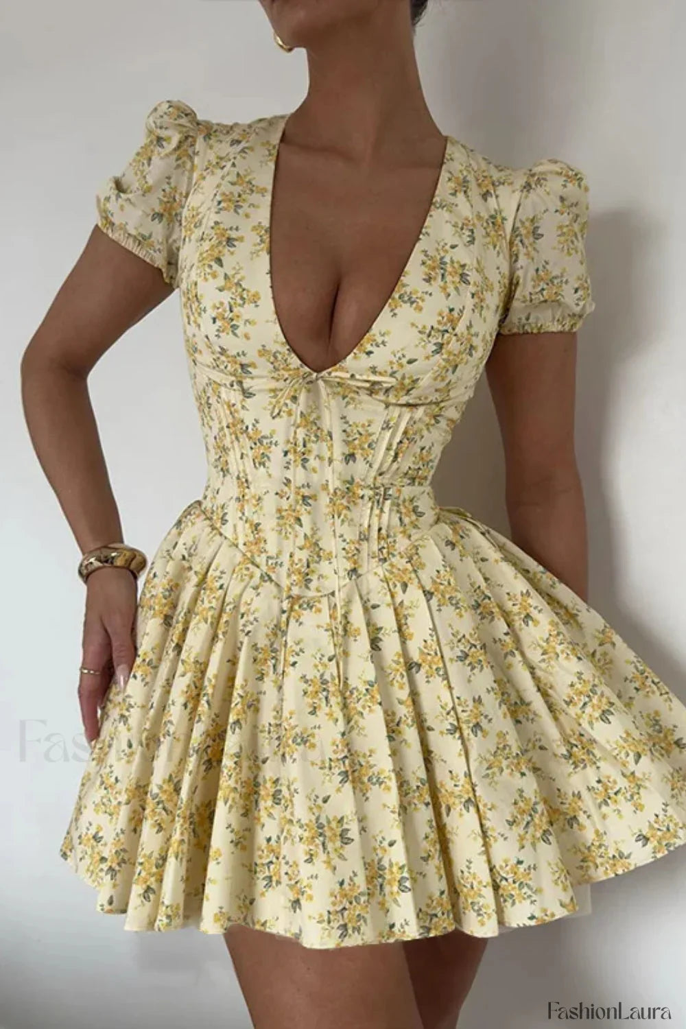 Floral V Neck Slim Fit Puff Sleeve French Retro Floral Dress