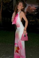 Floral Waist Cinched Backless Tie Maxi Dress