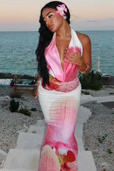 Floral Waist Cinched Backless Tie Maxi Dress Pink / S