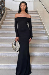 French Celebrity Style Black One Shoulder Slim Fit Fish Tail Maxi Dress Black / S