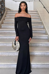 French Celebrity Style Black One Shoulder Slim Fit Fish Tail Maxi Dress Black / S