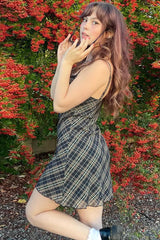 French Checkered Cami Lace Mesh A Line Mini Dress