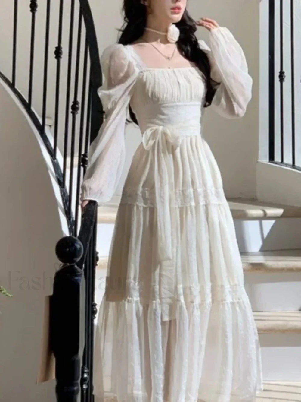 French Elegant Lace Solid A Line Evening Party Midi Dress