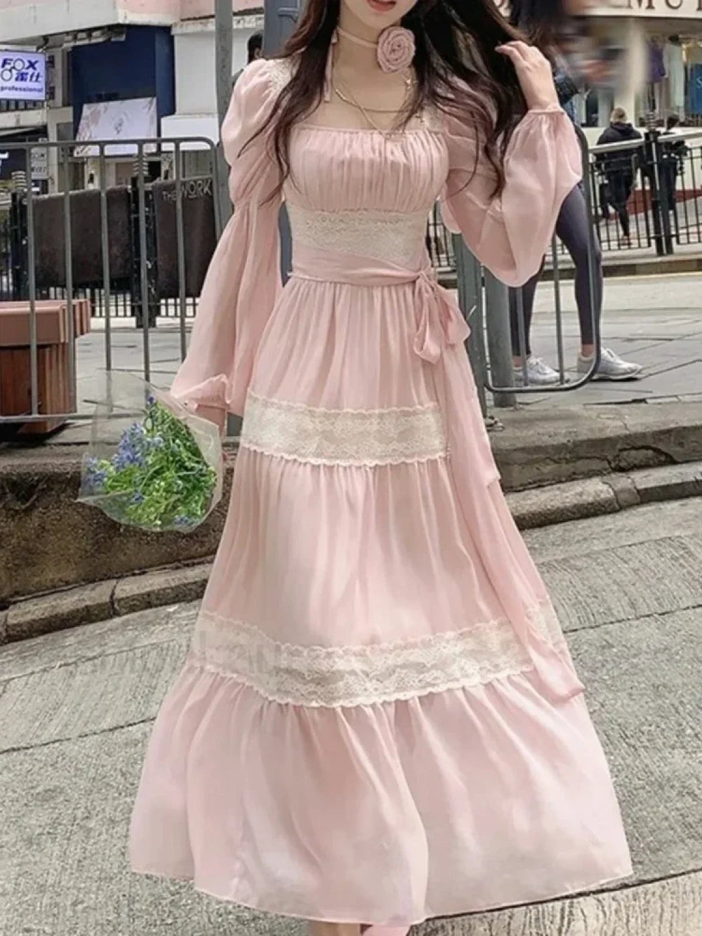 French Elegant Lace Solid A Line Evening Party Midi Dress