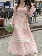 French Elegant Lace Solid A Line Evening Party Midi Dress