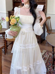 French Elegant Lace Solid A Line Evening Party Midi Dress