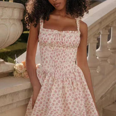 French Hepburn Style Black Strappy A Line Mini Dress Pink Flower / S