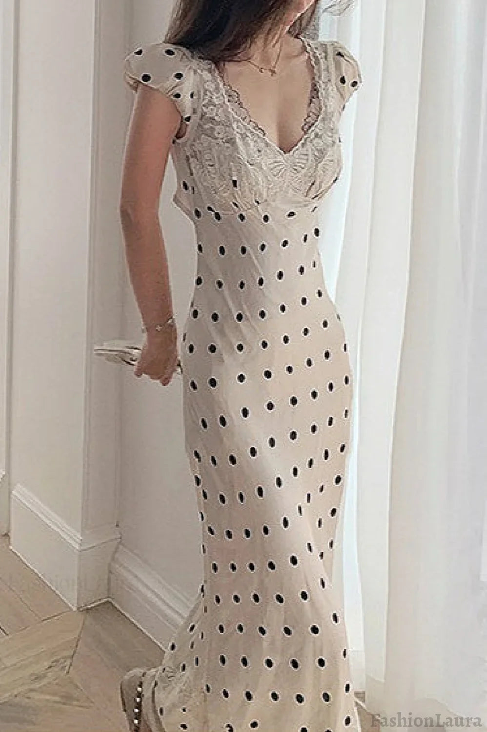 French Style Polka Dot Maxi Dress White / S