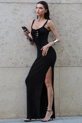 French Style V Neck Strappy High Split Waist Wrap Maxi Dress