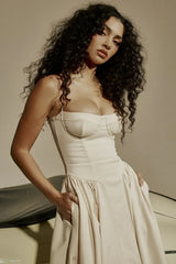 French Vintage Strap Midi Dress Beige / S