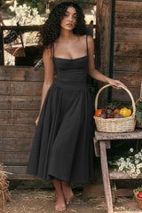 French Vintage Strap Midi Dress Black / S