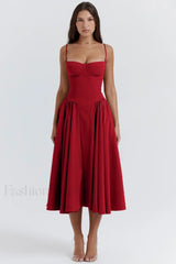 French Vintage Strap Midi Dress Red / S