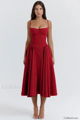 French Vintage Strap Midi Dress Red / S