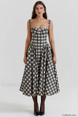 French Vintage Strap Midi Dress Tartan 3 / S
