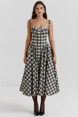 French Vintage Strap Midi Dress Tartan 3 / S