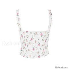 Fresh Tie Front Square Neck Frill Bustier Floral Printed Tank Top Pink Floral Tops