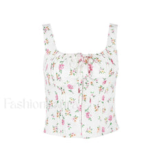 Fresh Tie Front Square Neck Frill Bustier Floral Printed Tank Top Pink Floral Tops