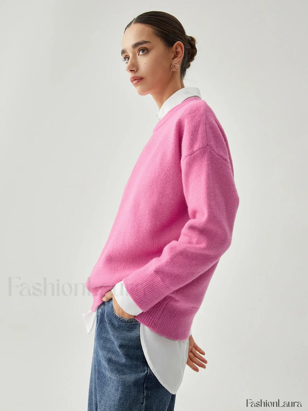 Fuchsia Crew Graceful Neck Knit Sweater Sweaters L