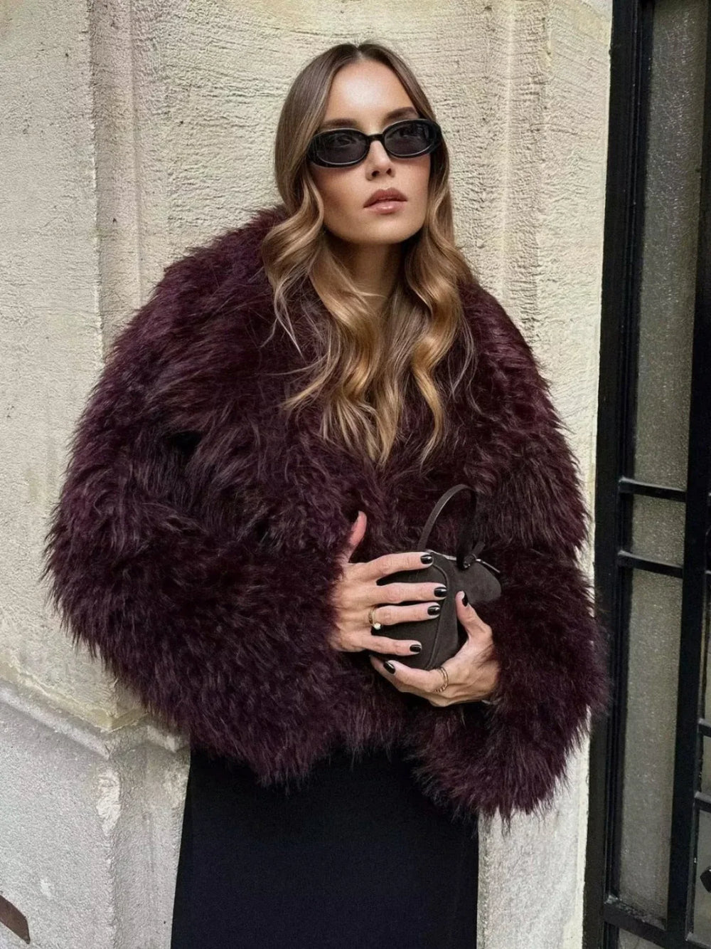 Fuzzy Faux Graceful Fur Short Coat Burgundy / XS Women Faux Fur Coats
