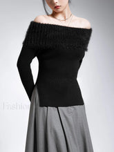 Fuzzy Off Shoulder Ribbed Modern Knit Patchwork Split Sweater Black / S Sweaters L