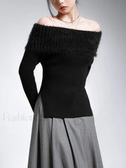 Fuzzy Off Shoulder Ribbed Modern Knit Patchwork Split Sweater Black / S Sweaters L