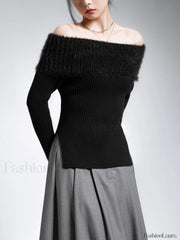 Fuzzy Off Shoulder Ribbed Modern Knit Patchwork Split Sweater Black / S Sweaters L