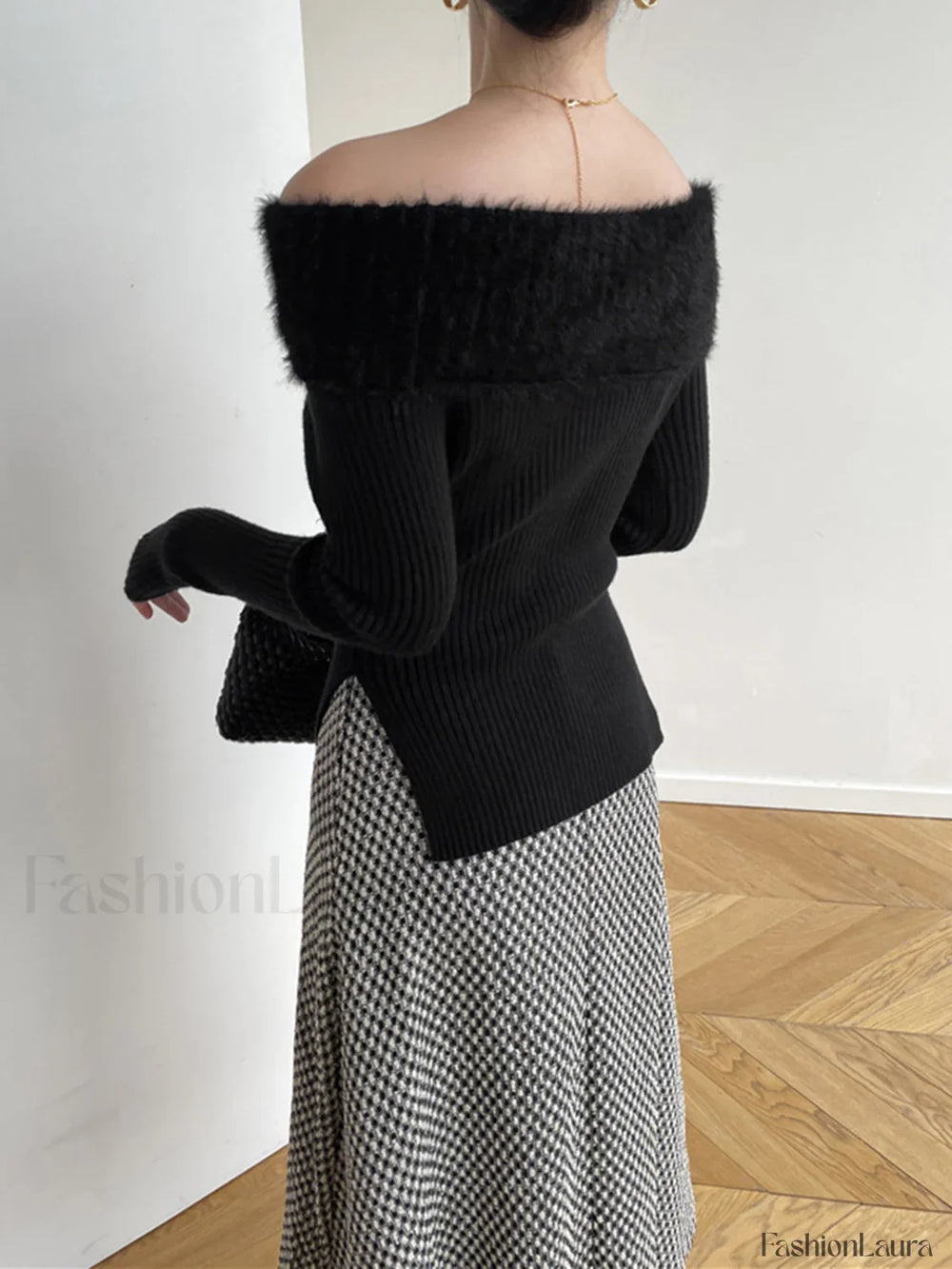 Fuzzy Off Shoulder Ribbed Modern Knit Patchwork Split Sweater Sweaters L