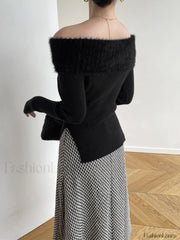 Fuzzy Off Shoulder Ribbed Modern Knit Patchwork Split Sweater Sweaters L