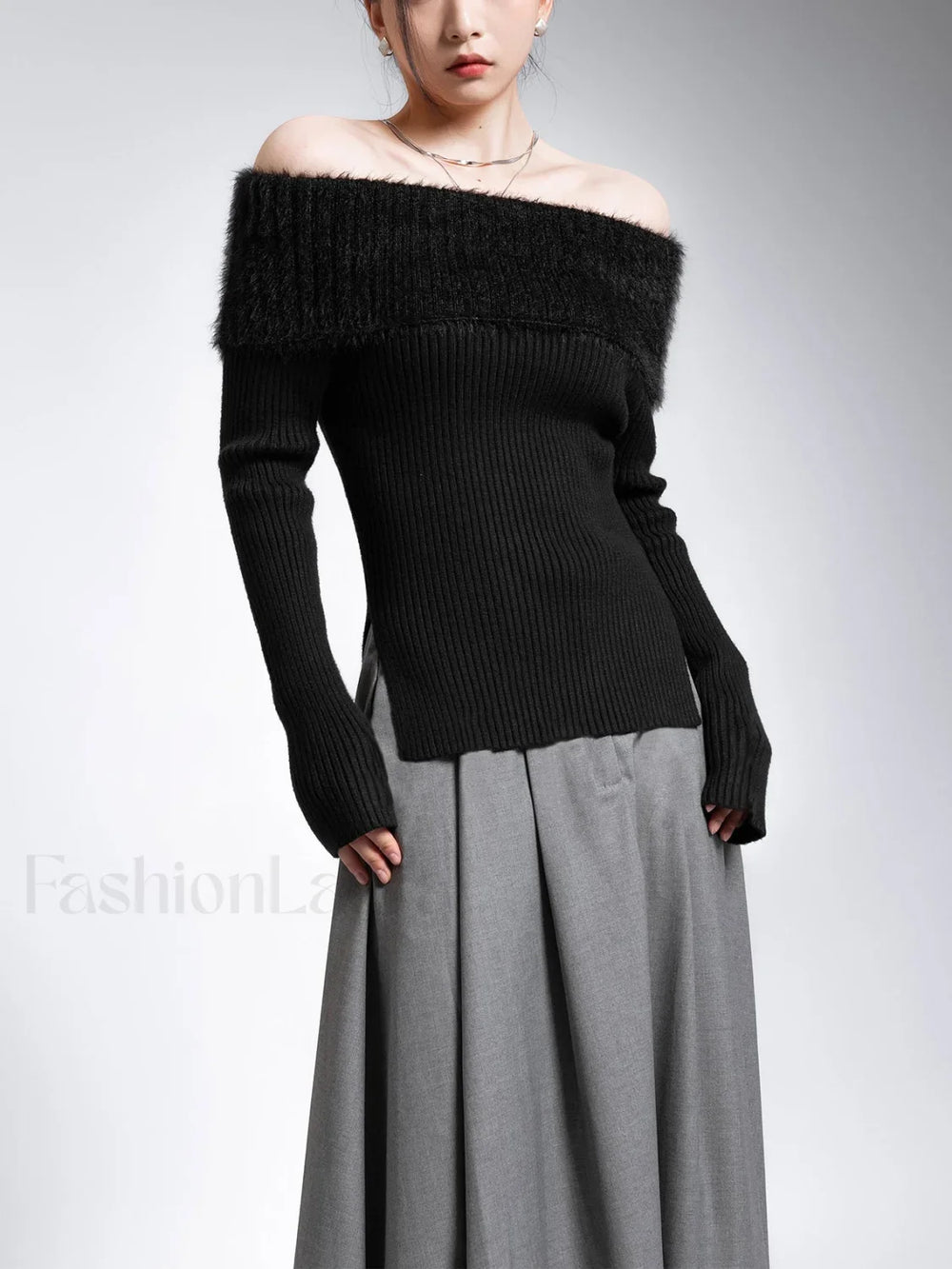Fuzzy Off Shoulder Ribbed Modern Knit Patchwork Split Sweater Sweaters L