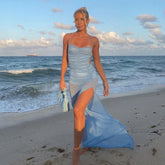 Gauze Hollow Split Straps Maxi Dress Blue / S