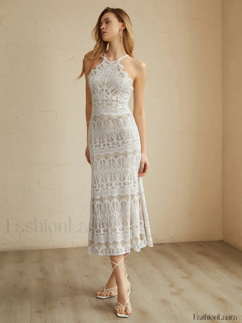 Glamorous Lace Graceful Halter Long Dress White / XS Dresses