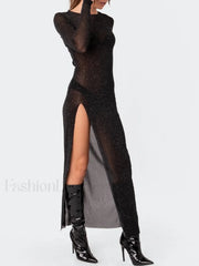 Glitter Mesh Split Long Sleeve Maxi Dress Midi Dresses