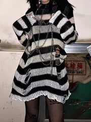 Gradient Striped Distressed Long Sleeve Mini Dress Black / ONE SIZE Mini Dresses