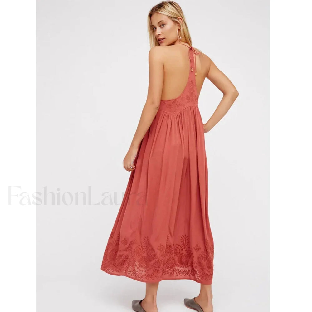 Green Cotton Embroidery Boho Dress