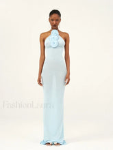 Halter 3D Flower Bodycon Maxi Dress Light Blue / S