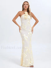 Halter 3D Flower Lace Maxi Dress Beige / XS