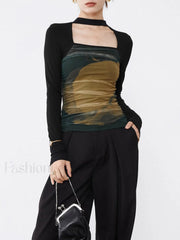 Halter Mesh Graceful Long Sleeve Shirt T Shirts