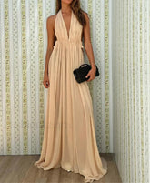 Halter Pleated Cut Out Maxi Dress Apricot / S