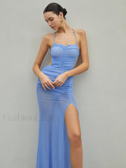 Halter Sheer Backless Trendy Split Long Dress Blue / S Dresses