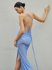 Halter Sheer Backless Trendy Split Long Dress Dresses