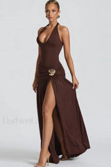 Halter Tie Backless Ruched Maxi Dress